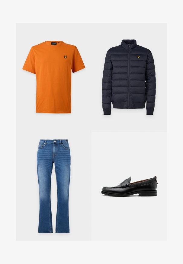 Doudoune marine avec col montant, texture à coutures horizontales, fermeture éclair devant et poignets côtes. Dispose d'un petit logo doré sur la poitrine.; T-shirt orange en coton à manches courtes avec col rond et petit logo oiseau jaune sur la poitrine gauche.; Jeans en denim évasés de couleur bleu moyen. Comprend un design à cinq poches, des accents brodés, une fermeture à bouton et une texture légèrement décolorée sur les jambes.; Mocassin homme en cuir noir avec couture moc toe, bride penny, col texturé et petit talon empilé sur fond blanc.