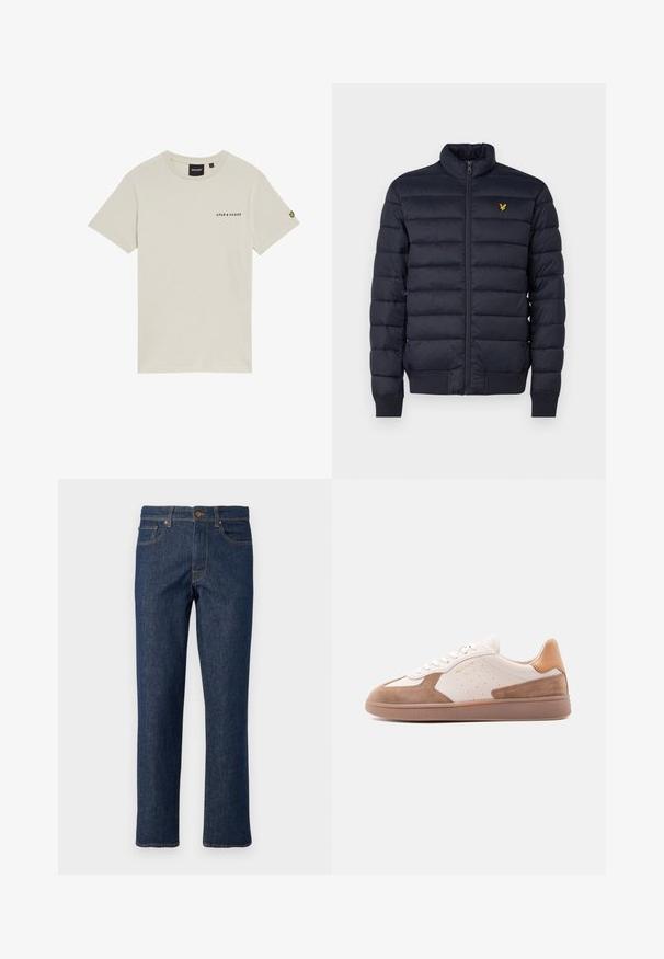 Marineblå pufferjakke med høj krave, vandret quiltet struktur, lynlåslukning foran og ribbet manchetter. Har et lille gyldent logo på brystet.; Beige bomulds t-shirt med rund hals, korte ærmer og et lille "LYLE & SCOTT" logo trykt på brystet. Har et broderet logo på ærmet.; Mørkeblå jeans lavet af denim med lige ben, der har en knaplukning, fem lommer og kontrasterende syninger.; Hvid og tan lavtop-sneaker med ruskindsdetaljer, perforerede sider, hvide snørebånd og en struktureret gummisål, vist fra siden på hvid baggrund.