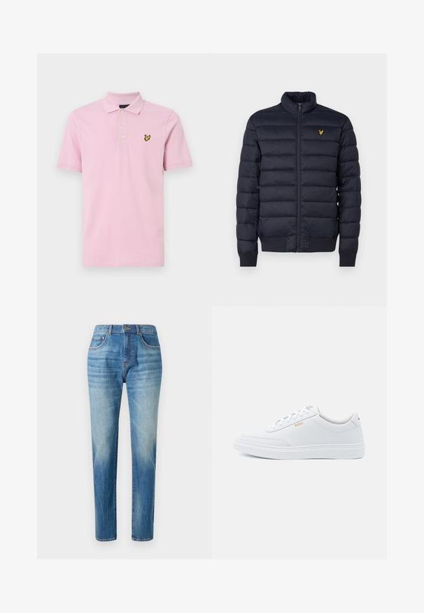 Doudoune marine avec col montant, texture à coutures horizontales, fermeture éclair devant et poignets côtes. Dispose d'un petit logo doré sur la poitrine.; Polo shirt rose clair en coton, doté d'un col classique, de trois boutons et d'un logo brodé jaune sur la poitrine gauche.; Jean en denim bleu clair, coupe droite, avec taille haute, décoloration subtile et style classique à cinq poches. Fermeture à bouton en métal.; Baskets blanches en cuir avec une texture lisse, bout rond et coutures tonales. Possède des lacets bleus et un logo doré sur le côté.