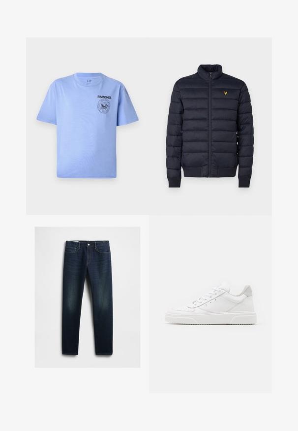 Doudoune marine avec col montant, texture à coutures horizontales, fermeture éclair devant et poignets côtes. Dispose d'un petit logo doré sur la poitrine.; T-shirt en coton bleu clair avec manches courtes, col rond et impression du logo noir "Ramones" sur la partie gauche de la poitrine. Texture lisse.; Jean en denim bleu foncé avec une coupe droite, comportant cinq poches, une braguette à boutons et un léger décoloration sur les cuisses. Détails de couture classiques.; Des baskets en cuir blanc avec une finition lisse, un bout rond, des lacets plats et une semelle texturée. Accents en daim gris au niveau du talon.