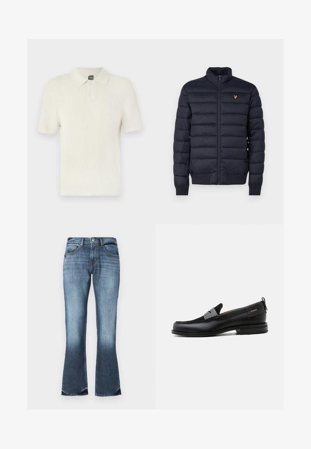 Chaqueta acolchada navy con cuello alto, textura de costura horizontal, cierre de cremallera en la parte delantera y puños de canalé. Presenta un pequeño logo dorado en el pecho.; BOSS AKOPPO - Polo - open yellow; Pantalones vaqueros acampanados de mezcla azul con cintura de media altura, diseño de cinco bolsillos y ligero desgaste para un aspecto desgastado. Textura suave en toda la prenda.; Mocasín de cuero negro con detalle de tira gris, tacón bajo y suela texturizada, con la marca "HUGO" en oro en el lateral.