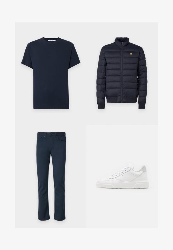 Doudoune marine avec col montant, texture à coutures horizontales, fermeture éclair devant et poignets côtes. Dispose d'un petit logo doré sur la poitrine.; T-shirt à manches courtes bleu marine foncé en coton, doté d'un col rond et d'une coupe décontractée. Simple, couleur unie sans motifs.; Pantalons en coton bleu marine à coupe droite, avec une fermeture à bouton à l'avant, cinq poches et une texture lisse.; Des baskets en cuir blanc avec une finition lisse, un bout rond, des lacets plats et une semelle texturée. Accents en daim gris au niveau du talon.