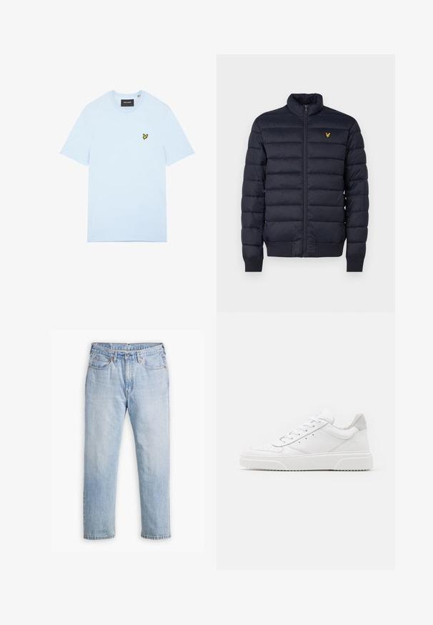 Doudoune marine avec col montant, texture à coutures horizontales, fermeture éclair devant et poignets côtes. Dispose d'un petit logo doré sur la poitrine.; T-shirt en coton bleu clair avec col rond, arborant un petit logo d'oiseau jaune brodé sur le côté gauche de la poitrine. Manches courtes, couleur unie.; Jean en denim bleu clair avec une coupe droite, style cinq poches et coutures contrastantes. Fermeture à bouton et à glissière à la taille.; Des baskets en cuir blanc avec une finition lisse, un bout rond, des lacets plats et une semelle texturée. Accents en daim gris au niveau du talon.