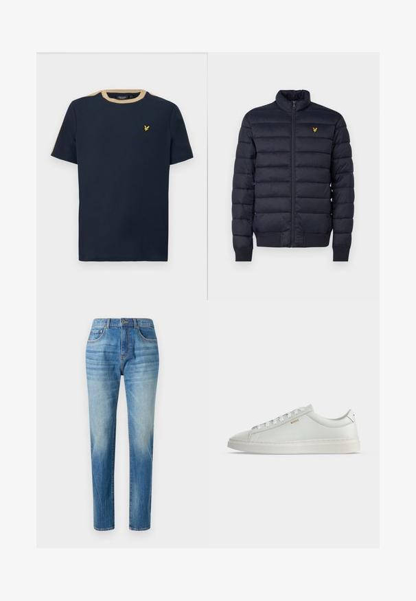Chaqueta acolchada navy con cuello alto, textura de costura horizontal, cierre de cremallera en la parte delantera y puños de canalé. Presenta un pequeño logo dorado en el pecho.; Camiseta azul marino de algodón con escote redondo y mangas cortas. Presenta un borde de color beige y un pequeño logo bordado en dorado.; Jeans de mezclilla azul claro, diseño de pierna recta, con una cintura alta, sutil desvanecimiento y un estilo clásico de cinco bolsillos. Cierre de botón de metal.; Zapatilla blanca de cuero de corte bajo con cordones, suela plana y pequeño logo dorado "BOSS" en el lateral, vista desde el lado exterior.