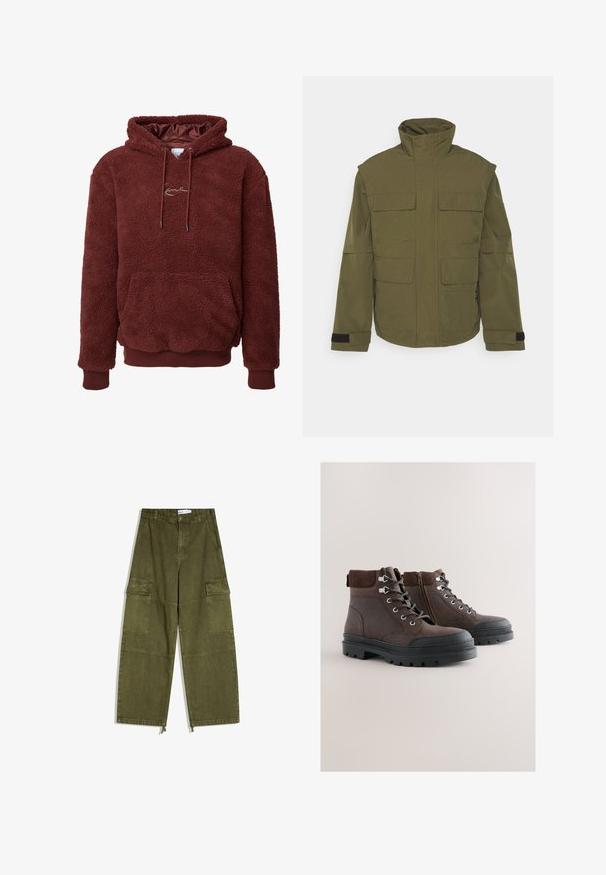 Jack & Jones JCOTWILL FIELD JACKET - Kevyt takki - olive night; Ruskea fleece-huppari, jossa on pehmeä ja tekstuuri pinta, säädettävä huppu, etutasku sekä ribbaus hihansuissa ja helmassa. Rinnassa on logo.; Oliivinvihreät leveälahkeiset cargo-housut, joissa on etutaskut läpällä, vyölenkit, nappikiinnitys ja säädettävät nyöritykset lahkeensuissa.; Ruskeat nahkaiset nilkkurit mokkanahkaisine yksityiskohtineen, pyöreä kärki, nauhallinen etuosan suljenta, sivuvetoketju ja paksu kumipohja kuvioidulla pintakuvioinnilla.
