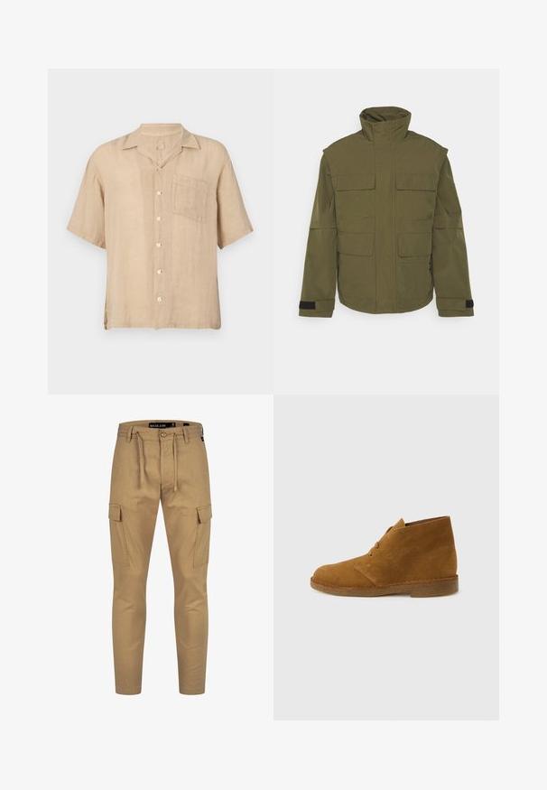 Jack & Jones JCOTWILL FIELD JACKET - Let jakke / Sommerjakker - olive night; Kortærmet beige linnedskjorte med en notch-krave, forlommer og hvide knapper. Struktureret stof, afslappet pasform og lige kant.; Kaki cargo bukser med snøre i taljen, tætsiddende pasform og sidelommer; lavet af et let, tekstureret materiale.; Brun ruskinds ørkenstøvle, ankelhøj, med to snørehuller og crepesål på ensartet lysegrå baggrund.