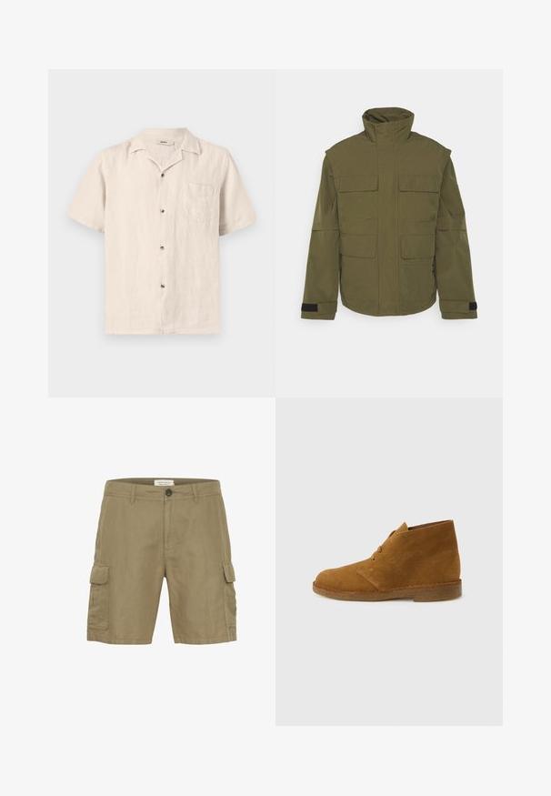 Jack & Jones JCOTWILL FIELD JACKET - Καλοκαιρινό μπουφάν - olive night; Μπεζ κοντομάνικο πουκάμισο με κουμπιά, τσέπη στο στήθος και γιακά τύπου camp, κατασκευασμένο από ελαφρύ υφασμάτινο ύφασμα.; Χακί cargo σορτς κατασκευασμένα από ελαφρύ ύφασμα, με πλευρικές τσέπες, κλείσιμο με κουμπί και ίσια κοπή ποδιών για λειτουργικό σχέδιο.; Καφέ σουέντ μποτάκι ερήμου μέχρι τον αστράγαλο με δύο οπές και σόλα κρέπ σε απλό ανοιχτό γκρι φόντο.