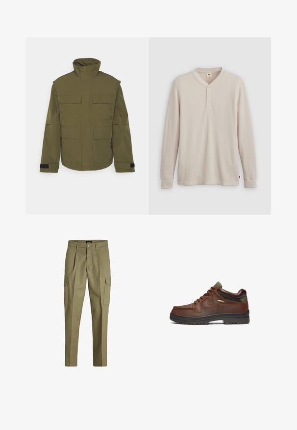 Jack & Jones JCOTWILL FIELD JACKET - Letná bunda - olive night; Pánska dlhá rukávová hennley košeľa z ľahkej béžovej rebrovanej látky, s výstrihom do V, troj.gombíkovou légou a manžetami. Červená logo nášivka na leme.; Kargo nohavice v olivovo zelenej farbe, vyrobené z odolného materiálu, s plisovaním, dvomi bočnými vreckami a nastaviteľným pásom so zapínaním na gombík.; Hnedá kožená topánka s klasickým dizajnom, ktorá má šnurovanie, zelené akcenty a odolnú čiernu gumenú podrážku. Viditeľná značka GORE-TEX®.