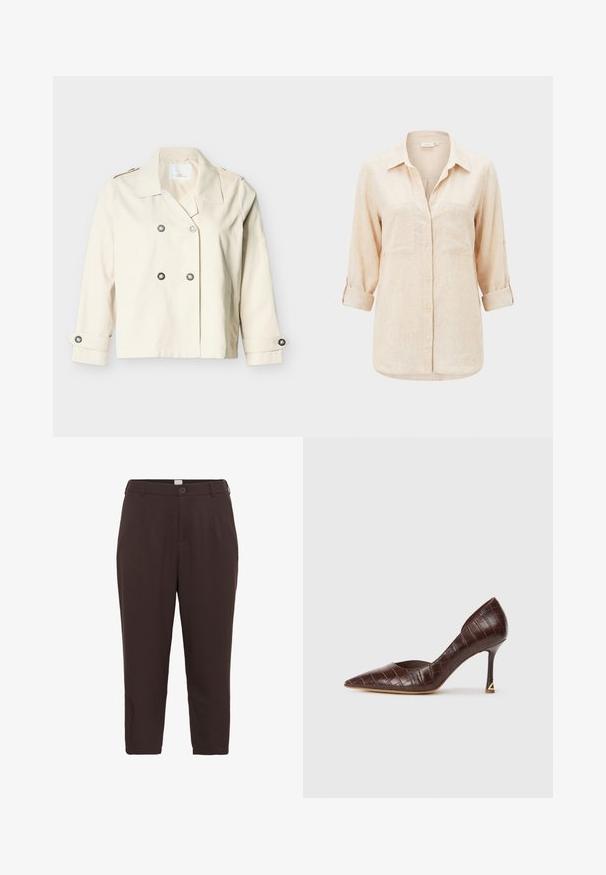 Veste courte double boutonnage couleur crème avec large col, quatre boutons sur le devant et brides boutonnées aux poignets.; Chemise beige à manches longues avec col, deux poches sur la poitrine et manches retroussées.; Pantalons marron, jusqu'aux genoux, en tissu tissé lisse, dotés d'une fermeture à bouton et de deux poches latérales pour plus de commodité.; Chaussure à talon haut en cuir embossé crocodile marron avec un bout pointu et un talon fin, ornée d'un accent triangulaire doré.
