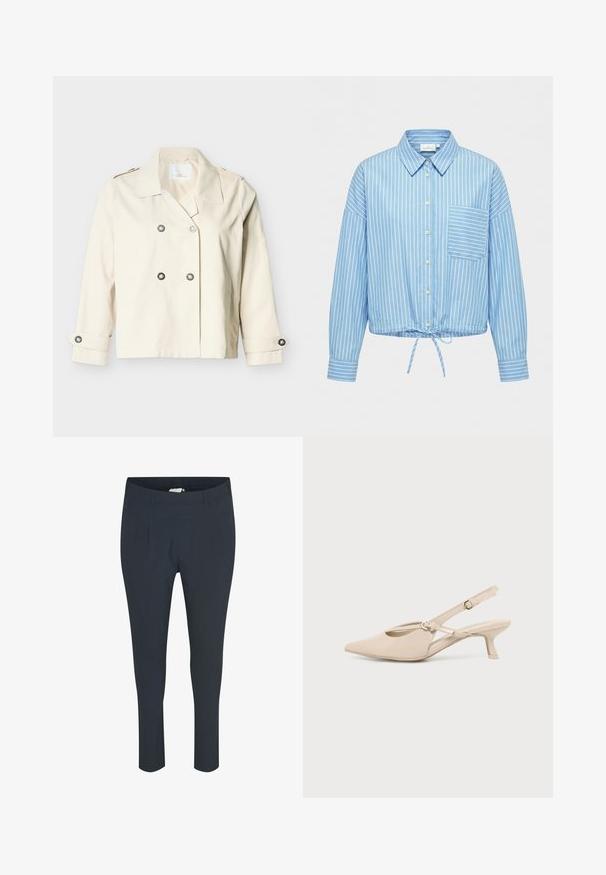 Veste courte double boutonnage couleur crème avec large col, quatre boutons sur le devant et brides boutonnées aux poignets.; Chemise bleu clair à boutons avec des rayures blanches verticales, une poche poitrine, des manches longues et un cordon à nouer au bas de l'ourlet.; Pantalon sur mesure bleu marine, avec une texture lisse, présentant des plis à l'avant et une taille élastique pour le confort.; Chaussure slingback beige à bout pointu, avec un petit talon kitten bas et une bride de cheville ajustable sur un fond clair uni.