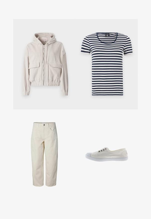 Beige cordjakke med hætte, frontlynlås, to brystlommer og elastisk kant og manchetter. Blød tekstur med synligt ribbet mønster.; Stribet T-shirt med korte ærmer, der har marineblå og hvide vandrette striber, en rund halsudskæring og et blødt bomuldsstof.; Kremfarvede bukser med høj talje og lige ben, forlommer, bæltestropper og enkelt knaplukning.; Hvide lavtopcanvas sneakers med gummisåler og -tåhætte, med fire metaløjer på siden, vist i højre profil.