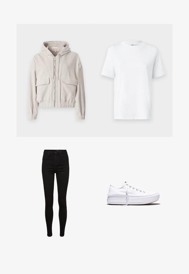 Veste en velours côtelé beige avec capuche, fermeture éclair sur le devant, deux poches poitrine et ourlet et poignets élastiqués. Texture douce avec un motif côtelé visible.; T-shirt en coton blanc à col rond, avec des manches courtes et une texture lisse. Conçu avec une coupe décontractée pour plus de confort et de polyvalence.; Jean skinny en denim noir avec une taille haute, design à cinq poches, passants de ceinture et détails de couture subtils. Texture lisse, forme ajustée.; Baskets basses blanches en toile avec semelle plateforme épaisse, lacets sur le devant et embout en caoutchouc texturé, vues de profil.