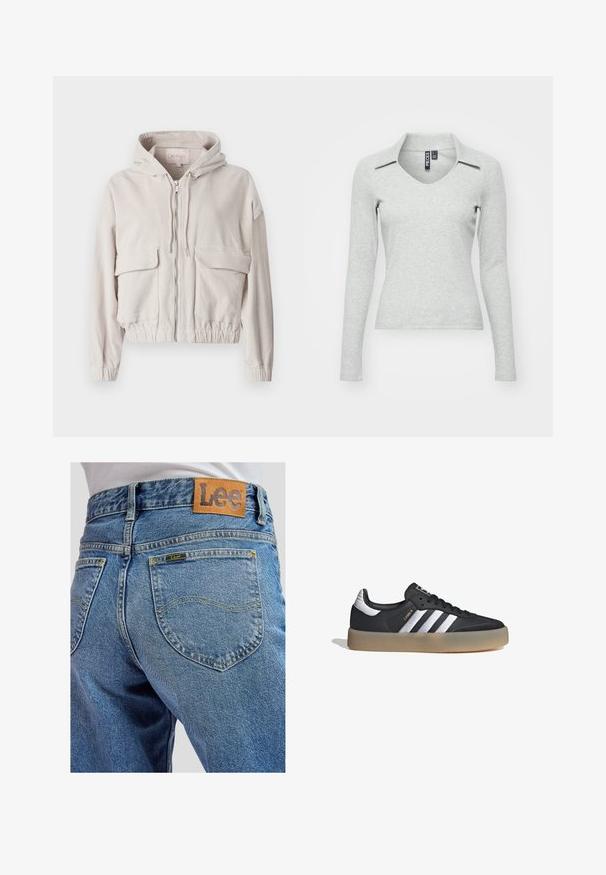 Chaqueta de pana beige con capucha, cremallera frontal, dos bolsillos en el pecho y dobladillo y puños elásticos. Textura suave con patrón de canalé visible.; Top de manga larga en un gris claro, con escote en V y cuello, fabricado en un suave tejido texturizado que presenta un diseño ajustado y un detalle mínimo.; Jeans de mezclilla azul con bolsillos traseros que presentan costuras amarillas y un parche de cuero marrón de la marca Lee en la cinturilla.; Zapatilla deportiva de cuero negro con tres rayas plateadas, punta texturizada y suela de goma. Cuenta con un collar acolchado y un diseño con cordones.