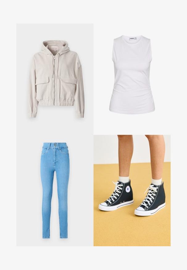 Beige corduroy-takki, jossa on huppu, etuvetoketju, kaksi rintataskua sekä elastinen helma ja hihansuut. Pehmeä rakenne, jossa on näkyvä nukkakuvio.; Valkoinen, hihaton, istuva paita pyöreällä pääntiellä ja kevyellä sivutaitoksella, valmistettu sileästä kankaasta.; Kapelehousut vaaleansinistä farkkukangasta, korkeavyötäröinen malli, kahden napin sulkeminen, viisi taskua ja sileä pinta.; Korkeat tennarit tummansinisestä kankaasta, joissa on valkoiset kumipohjat, nauhat ja yksityiskohdat. Varustettu pyöreällä logolla ja valkoisilla ompelu- vaikutuksilla.