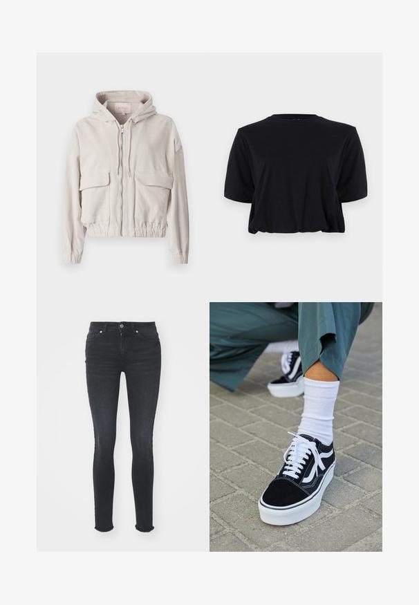 Veste en velours côtelé beige avec capuche, fermeture éclair sur le devant, deux poches poitrine et ourlet et poignets élastiqués. Texture douce avec un motif côtelé visible.; T-shirt noir en coton cropped avec des manches courtes et un col rond, présentant un design épuré et sans coutures ainsi qu'une texture douce.; Jeans skinny en denim noir avec une taille mi-haute, cinq poches et un ourlet effiloché. Le tissu a une texture lisse avec un léger stretch.; Baskets en suède noir avec des accents et des lacets blancs, présentant une épaisse semelle blanche et des coutures contrastantes, associées à une chaussette blanche.