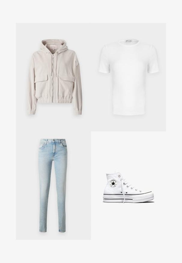 Chaqueta de pana beige con capucha, cremallera frontal, dos bolsillos en el pecho y dobladillo y puños elásticos. Textura suave con patrón de canalé visible.; Camiseta blanca de manga corta con cuello redondo acanalado, corte ajustado y una pequeña etiqueta de la marca en el interior del cuello.; Jeans de mezclilla azul claro con un corte ajustado, diseño de cinco bolsillos, lazos para cinturón clásicos y cierre con cremallera y un solo botón.; Zapatilla blanca de caña alta Converse Chuck Taylor All Star con parche de logo negro y cordones blancos, presentada sobre fondo blanco.