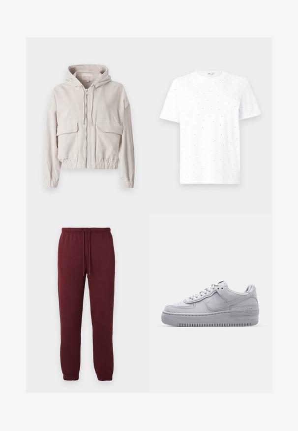 Beige corduroy jas met een capuchon, voorrits, twee borstzakken en een elastische onderrand en manchetten. Zachte textuur met zichtbaar ribbelpatroon.; Witte katoenen t-shirt met een ronde hals en korte mouwen, versierd met verspreide zwarte stippen voor extra textuur en detail.; Bordeaux joggerbroeken met elastische tailleband, trekkoord, zijzakken en elastische boorden op een effen witte achtergrond.; Grijze Nike Air Force 1 sneaker met geperforeerde neus, glad leren bovenwerk, dikke zool en verhoogde 'AIR' details op de hiel.