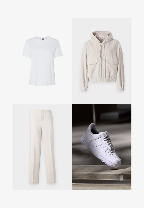 Beige Corduroy-Jacke mit Kapuze, Frontreißverschluss, zwei Brusttaschen und elastischem Saum und Bündchen. Weiche Textur mit sichtbarem Rippmuster.; Schlichtes weißes T-Shirt mit kurzen Ärmeln und Rundhalsausschnitt, dargestellt auf weißem Hintergrund ohne sichtbare Muster oder Logos.; Beige maßgeschneiderte Hose mit geradem Bein, ausgestattet mit einer glatten Textur, zwei Fronttaschen und ohne sichtbare Hardwaredetails.; Weißer Nike Air Force 1 Sneaker schwebt über einer Betonoberfläche mit Schatten in einem minimalistischen Umfeld.