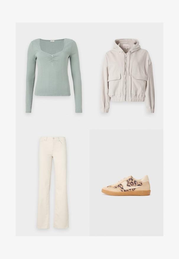 Beige Corduroy-Jacke mit Kapuze, Frontreißverschluss, zwei Brusttaschen und elastischem Saum und Bündchen. Weiche Textur mit sichtbarem Rippmuster.; Langärmliges Oberteil aus strukturiertem, hellgrünem Stoff. Mit quadratischem Ausschnitt und einem zentralen Twist-Detail. Rippmuster im gesamten Stoff.; Beige Schlaghosen aus Baumwollmischung, mit klassischen Taschen, einem vorderen Knopfverschluss und Nahtdetails entlang der Nähte.; Löwenmuster-Sneaker mit beige Wildleder-Obermaterial, tanfarbener Gummisohle und weißen Akzenten. Runde Zehenform und Schnürdesign mit strukturiertem Finish.