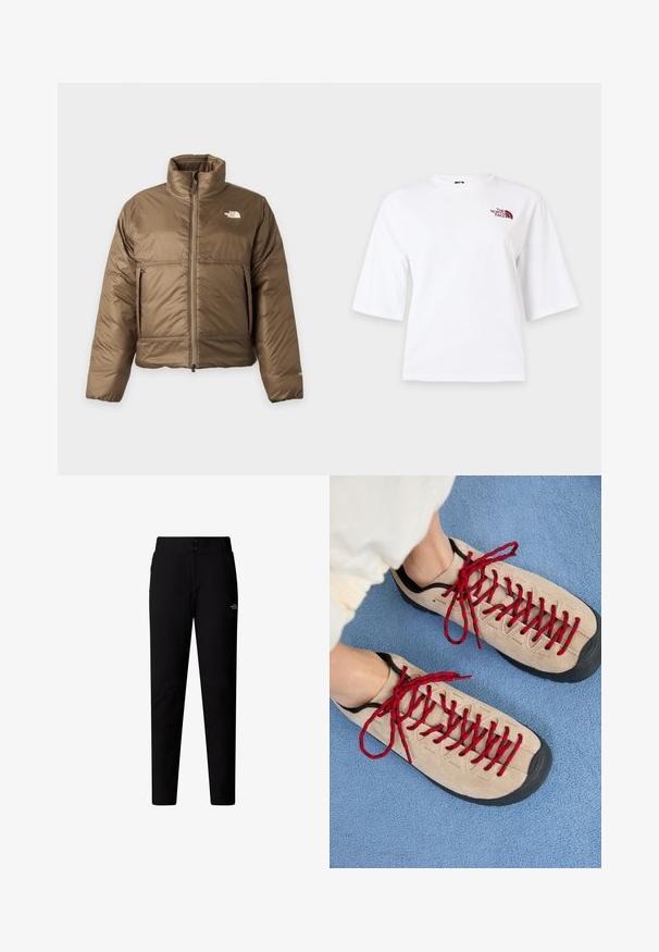 Braune Steppjacke mit hohem Kragen, Frontreißverschluss, Seitentaschen und weißem North Face-Logo auf der oberen linken Brust.; Weißes Kurzarm-T-Shirt mit rundem Ausschnitt und kleinem kastanienbraunem "The North Face" Logo auf der oberen linken Brust.; The North Face W QUEST SOFTSHELL PANTS - Stoffhose - tnf black; Beige Schuhe mit roten Schnürsenkeln, die auf einer blauen strukturierten Fläche positioniert sind und teilweise ein Fußgelenk einer Person zeigen. Die Schuhe haben ein sportliches Design.