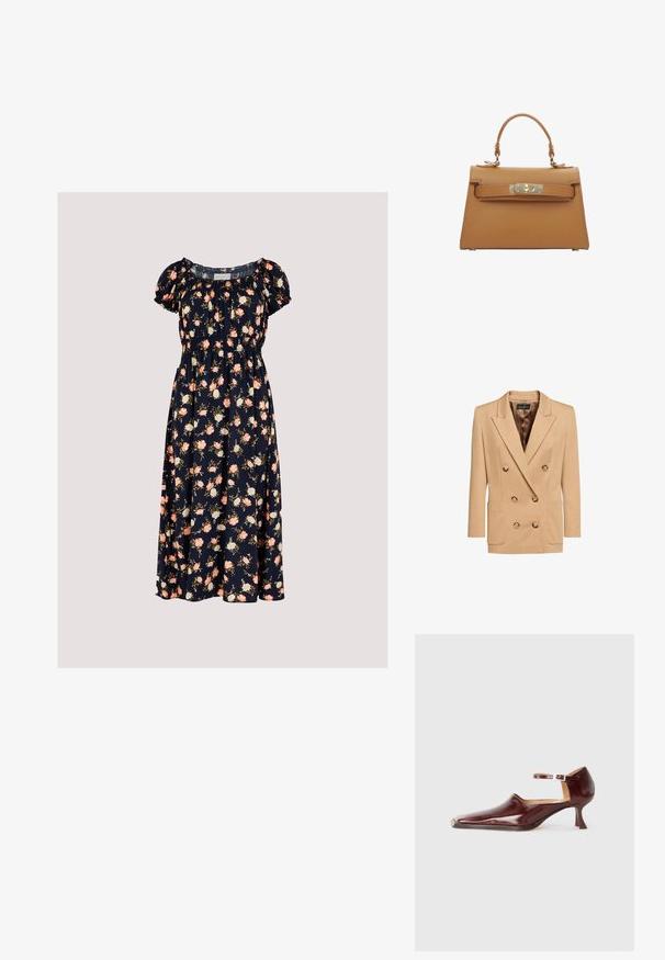 Beige doppelt geknöpfter Blazer mit goldenen Knöpfen, zwei vorderen Taschen, spitz zulaufenden Revers und satinartigem Innenfutter. Glatte Stoffoberfläche.; Apricot VINTAGE ROSE - Freizeitkleid - navy; Burgunderfarbenes Lackleder-Schuhwerk mit einer spitzen Zehe, Knöchelriemen und einem 5 cm hohen, konisch zulaufenden Absatz. Glatte Textur und minimalistisches Design.; Kleine strukturierte Handtasche aus hellbraunem Leder mit einem oberen Griff und goldfarbenem Drehverschluss an der vorderen Klappe.