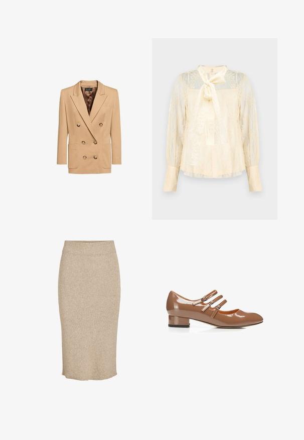 Blazer beige de doble botonadura con botones dorados, dos bolsillos frontales, solapas en pico y forro interior de satén. Textura de tela suave.; Blusa color crema clara hecha de encaje con un detalle de lazo en el cuello, mangas largas transparentes y puños abotonados. Patrón floral texturizado en toda la prenda.; Falda de punto en color beige claro con textura de canalé vertical, de longitud a la rodilla, con cintura elástica y corte recto.; Zapato Mary Jane de charol marrón con tres correas ajustables con hebilla y un tacón bajo de bloque.