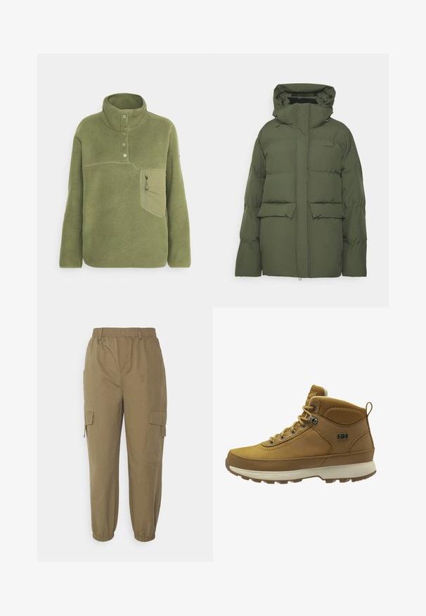 Chaqueta acolchada de color verde oliva con capucha, que cuenta con un cierre de cremallera y dos grandes bolsillos frontales, hecha de material acolchado para el aislamiento.; Sudadera de forro polar verde oliva con un cuello alto, tres botones y un bolsillo en el pecho con cremallera. Textura suave con detalles de costura en contraste.; Vero Moda Tall VMTIMMIKAY PANT - Pantalones cargo - capers; Botas de senderismo impermeables de color marrón con una parte superior de cuero suave, acentos de malla, cuello texturizado, ojales de metal y suela de goma para tracción.