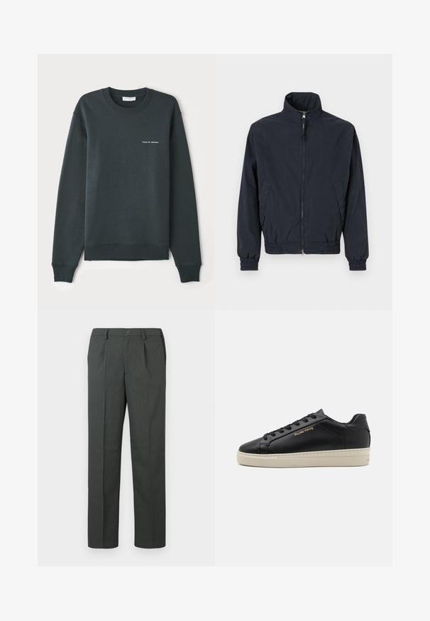 Mørk navy lynlåstrøje med ståkrave, elastiske ærmeafslutninger og taljebånd samt to sidelommer på en ensfarvet baggrund.; Mørkegrøn sweatshirt med rund hals, lange ærmer, ribbede manchetter og kant, med et hvidt tekstlogo "TIGER OF SWEDEN" på brystet.; Grå skræddersyede bukser med flad front, lige ben design og enkelt knaplukning, lavet af et letvægtsstof.; Sorte lædersneakers med en glat finish, kontrasterende cremefarvet sål, rund tå, guld logo på siden og seks huller til snørebånd.