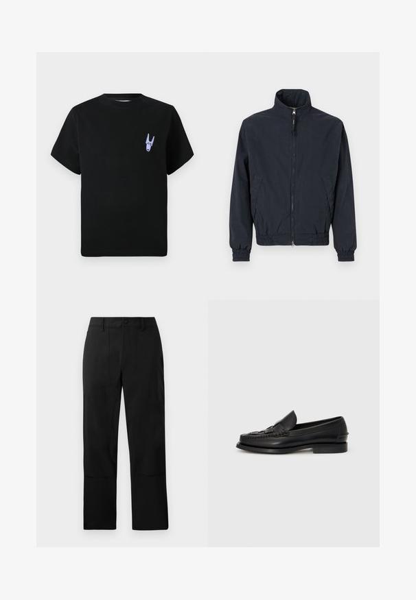 Dunkelblaue Zip-up-Jacke mit Stehkragen, elastischen Bündchen und Bund sowie zwei Seitentaschen vor einfarbigem Hintergrund.; Schwarzes Baumwoll-T-Shirt mit kurzen Ärmeln, das ein kleines lila grafisches Detail im linken Brustbereich zeigt. Einfaches, kastiges Design.; Schwarze Hose aus einem glatten Stoff, mit flachem Frontdesign, zwei Eingrifftaschen und geradem Bein, versehen mit dezenten Nähten.; Schwarze Lederloafer mit einem geflochtenen Detail auf der Vorderseite, runder Zehenpartie und niedrigem Absatz. Glatte Textur und minimalistisches Design.