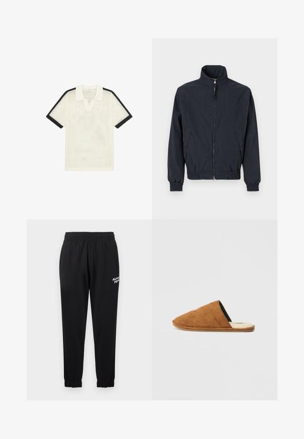 Veste zippée bleu marine foncé avec col montant, poignets et taille élastiques, et deux poches latérales sur un fond uni.; Polo en maille blanche à manches courtes avec bordure noire aux manches et col blanc uni, posé à plat sur un fond blanc.; Pantalons de jogging noirs en tissu doux, avec une taille élastique, des poches latérales et des ourlets resserrés. Texte logo blanc sur un côté.; Chausson en suede marron, à enfiler, avec un bout arrondi, doublé en fourrure et un tissu intérieur à motifs. Semelle en caoutchouc plate avec une finition légèrement texturée.
