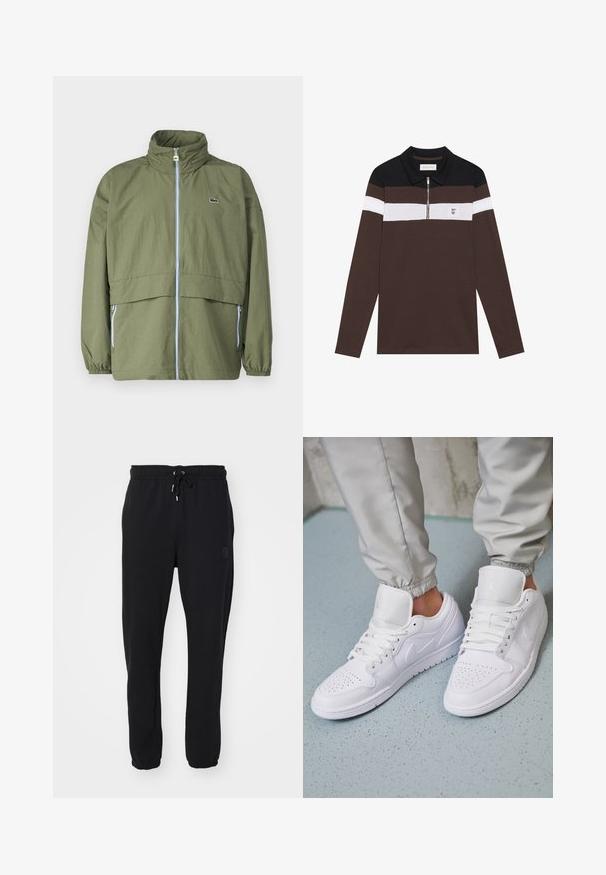Veste vert olive avec un col montant, fermeture éclair à l'avant, poignets élastiques et deux poches latérales ; présente un petit logo sur la poitrine.; Polo à manches longues en marron et noir, avec un col zippé, des rayures horizontales blanches et grises, et un petit logo sur la poitrine.; Pantalons de survêtement noirs avec une taille élastique et un cordon de serrage ajustable, présentant des chevilles côtelées et un logo discret sur le côté.; Des baskets en cuir blanc présentent une zone de perforation à l'avant, des lacets plats, un col rembourré et le logo Jordan sur la languette. Portées avec un pantalon de jogging gris.