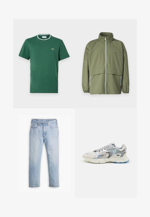 Chaqueta verde oliva con cuello alto, cremallera frontal, puños elásticos y dos bolsillos laterales; presenta un pequeño logo en el pecho.; Camiseta de cuello redondo verde de algodón, de manga corta, con un cuello acanalado en blanco y verde en contraste y un pequeño logo bordado.; Jeans de mezclilla azul claro con un diseño de pierna recta, estilo de cinco bolsillos y costuras en contraste. Cierre de botón y cremallera en la cintura.; Zapatillas Lacoste que combinan ante gris y malla, con un acento azul, detalles texturizados y suela blanca. Incluye el texto de marca en el lateral.