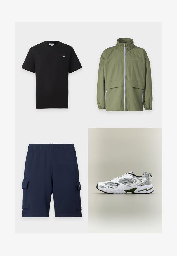 Chaqueta verde oliva con cuello alto, cremallera frontal, puños elásticos y dos bolsillos laterales; presenta un pequeño logo en el pecho.; Camiseta de algodón negra con cuello redondo. Presenta un pequeño logo de Lacoste bordado en verde y blanco en el pecho. Mangas cortas, corte regular.; Pantalones cortos cargo azul marino hechos de tela suave, con una cintura elástica, dos bolsillos laterales y un pequeño detalle con logo en el bolsillo izquierdo.; Zapatilla deportiva de running en blanco y gris, con paneles de malla, acentos verdes, detalles en negro y un logo en el costado, vista desde el lado exterior.