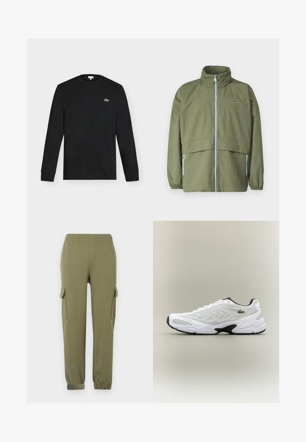 Olivengrøn jakke med høj krave, frontlynlås, elastiske ærmer og to sidelommer; har et lille logo på brystet.; Sort langærmet crew neck skjorte med lille grønt krokodillelogo på venstre bryst, vist mod en ensartet lys baggrund.; Cargo bukser i olivengrønt letvægtsstof, med sidelommer, elastisk talje og taperede manchetter for en tætsiddende pasform.; Hvide atletiske sko med tekstureret mesh-overdel, buet design og kontrasterende sort ydersål. Har en grøn broderet logo på siden.