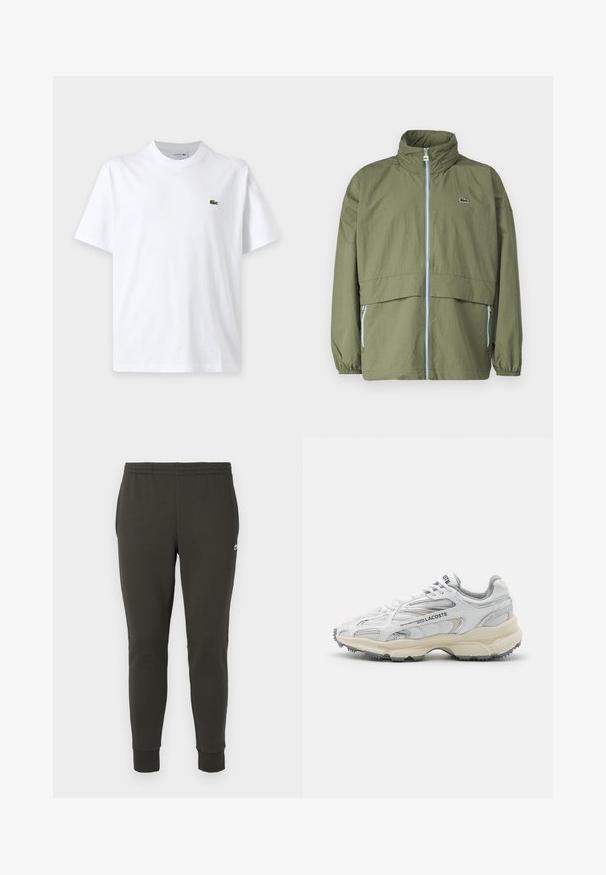Olijfgroene jasje met een hoge kraag, ritssluiting aan de voorkant, elastische manchetten en twee zijzakken; heeft een klein logo op de borst.; Effen wit T-shirt met korte mouwen, ronde hals en klein groen krokodillenlogo op de linkerborst.; Donkergroene joggingsbroek van zacht stof, met een elastische tailleband, geribde boorden en een klein logo op de zijkant.; Witte sportieve schoenen met grijze accenten, bovenwerk van mesh en synthetisch materiaal, vetersluiting en een geprofileerde rubberen zool met looppatronen.