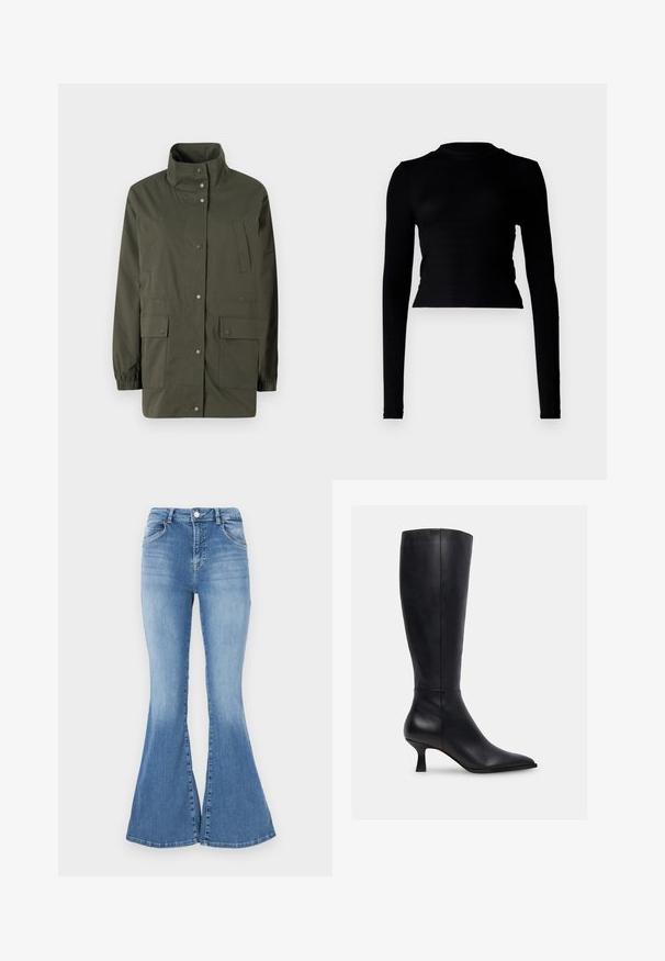 Chaqueta ligera de color verde oliva con cuello alto, botones a presión y dos bolsillos de parche en la parte delantera. Cuenta con puños elásticos y un corte recto.; Top corto negro de manga larga en textura acanalada, con un cuello alto y diseño ajustado. Estilo minimalista sin patrones o acentos visibles.; Jeans de mezclilla azules acampanados con cintura alta, diseño de cinco bolsillos y un leve desgaste. Presentan un cierre de botón y trabillas para cinturón.; Botas de cuero negro hasta la rodilla con punta afilada y pequeño tacón cuadrado. Textura suave con un detalle de costura mínimo.