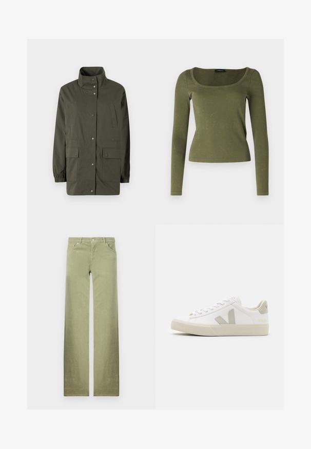 Olivengrüne, leichte Jacke mit hohem Kragen, Druckknöpfen und zwei aufgesetzten Taschen vorne. Verfügt über elastische Bündchen und einen geraden Schnitt.; Olivenfarbene Langarmbluse aus geripptem Stoff, mit einem quadratischen Ausschnitt und taillierter Passform. Auffällige Textur mit dezenten Mustern.; Grüne Baumwollhosen mit geradem Bein-Design, ausgestattet mit Vorderaschen, einem Knopfverschluss und einem klaren, strukturierten Stofffinish.; Weiße Sneaker aus Leder mit grauen V-Logo-Akzenten, strukturiertem Gummiabsatz, weißen Schnürsenkeln sowie gepolstertem Zungen- und Knöchelbereich.
