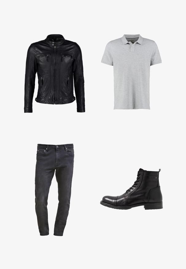 Veste en cuir noir avec col montant, fermeture zippée à l'avant et deux poches poitrines zippées, dotée d'un design d'épaule sans couture et de coutures minimales.; Polo gris à manches courtes, en tissu doux, avec un col à côtes subtil et une patte de boutonnage à deux boutons.; Jean en denim noir slim-fit avec design à cinq poches, fermeture éclair et décoloration subtile. Texture lisse avec une finition en dégradé foncé.; Bottines noires en cuir avec un bout arrondi, un laçage à l'avant, des accents texturés et un petit talon épais.