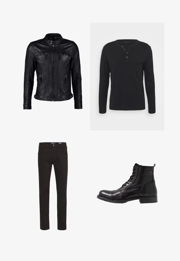 Veste en cuir noir avec col montant, fermeture zippée à l'avant et deux poches poitrines zippées, dotée d'un design d'épaule sans couture et de coutures minimales.; T-shirt henley noir à manches longues en tissu doux, avec une patte de boutonnage, un col rond et des manches ajustées.; Pantalons en mélange de coton noir, coupe slim, avec une fermeture à bouton, cinq poches, et une texture lisse. Présente des détails de couture classiques.; Bottines noires en cuir avec un bout arrondi, un laçage à l'avant, des accents texturés et un petit talon épais.
