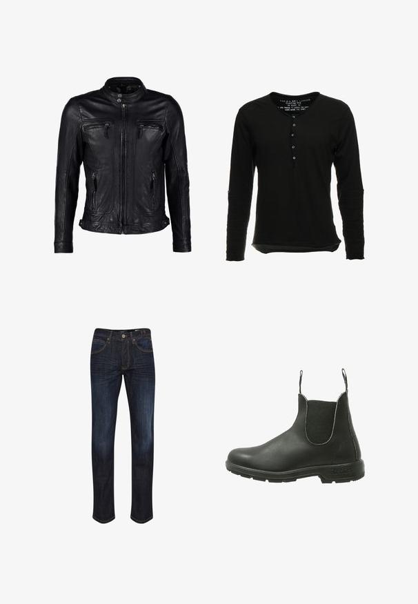 Schwarze Lederjacke mit Stehkragen, Frontreißverschluss und zwei Reißverschlusstaschen auf der Brust, mit nahtlosem Schulterdesign und minimalen Nähten.; Langärmliges schwarzes Hemd mit V-Ausschnitt, verfügt über eine Knopfleiste mit fünf Knöpfen und einen leicht abgerundeten Saum. Weiche Stofftextur ohne Muster.; Dunkelblaue Denim-Jeans mit geradem Bein, fünf Taschen, goldenen Nähten und einer glatten Textur. Knopfverschluss an der Taille.; Schwarze Leder Chelsea-Boots mit elastischen seitlichen Einsätzen, runder Zehenpartie und strukturiertem Gummisohle, die für ein einfaches An- und Ausziehen konzipiert sind.