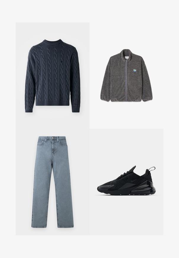 Donkergrijs fleece jack met volledige ritssluiting, gestructureerde stof, opstaande kraag, elastische manchetten en een klein blauwgroen patchje op de linkerborst.; Donkerblauwe gebreide trui met een kabelpatroon, ronde hals en geribde manchetten en onderkant. Gemaakt van een textuurstof voor warmte.; Lichtblauwe denim jeans met een rechte pijp, vijf zakken, metalen knoopsluiting en een iets vervaagde textuur.; Zwarte Nike Air Max 270 sneaker met een textuur bovenwerk, mesh panelen en een glanzende hiel met een prominente luchtkusseneenheid.