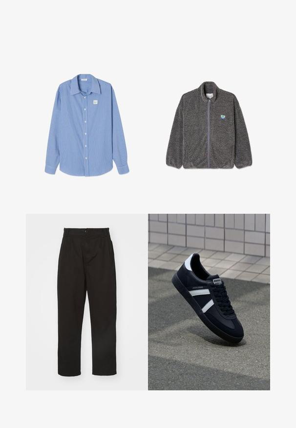 Donkergrijs fleece jack met volledige ritssluiting, gestructureerde stof, opstaande kraag, elastische manchetten en een klein blauwgroen patchje op de linkerborst.; Blauw-wit gestreept overhemd met lange mouwen, een puntkraag, knopen aan de voorkant en een klein vierkant logo op de linkerborst.; Zwarte broek van gladde stof, met knoopsluiting, rechte snit en twee voorplooien voor extra detail.; Zwarte leren sneaker met witte strepen, een gestructureerde rubberen zool en vetersluiting aan de voorkant. Voorzien van een merklabel op de tong.