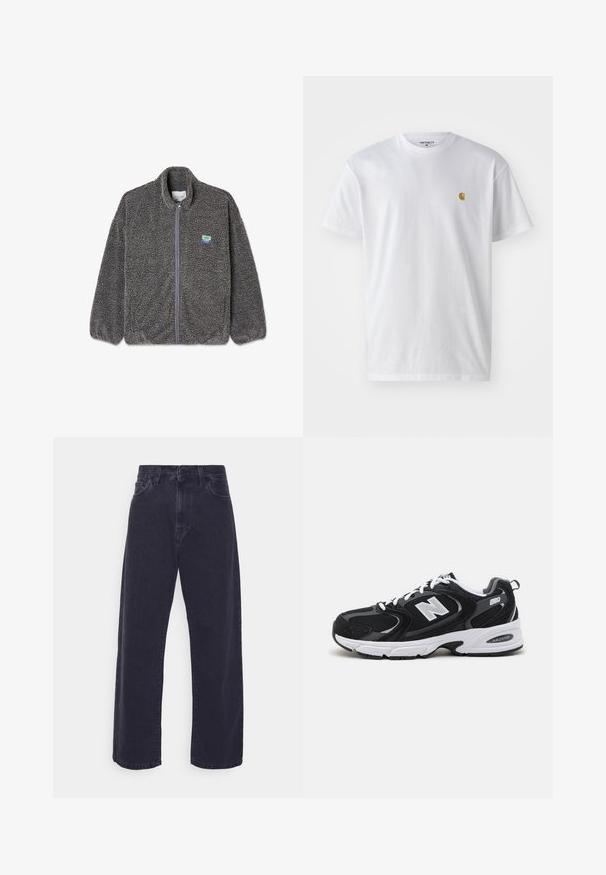 Dunkelgraue Fleecejacke mit durchgehendem Reißverschluss, strukturierter Oberfläche, Stehkragen, elastischen Bündchen und kleinem blau-grünem Aufnäher auf der linken Brust.; Weißes Baumwoll-T-Shirt mit kurzen Ärmeln, Rundhalsausschnitt, mit einem kleinen goldenen Logo im linken Brustbereich. Weicher Stoff und normale Passform.; Dunkelblaue Jeans mit weitem Bein, hoher Taille und Fünf-Taschen-Design. Mit einer klassischen Knopf- und Reißverschlussöffnung ausgestattet.; Schwarze und graue Sportschuhe mit Obermaterial aus Mesh und Wildleder, ausgestattet mit einer weißen Zwischensohle, Schnürsenkeln und einem markanten "N"-Logo an der Seite.