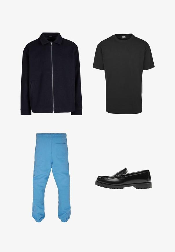 Sort jakke med krave, fuld lynlås foran og sidelommer; lavet af et struktureret stof med en afslappet pasform.; Sort bomuld t-shirt med korte ærmer, rund halsudskæring og almindelig pasform. Stoffet fremstår glat og uden pynt.; Lyseblå sweatpants lavet af blødt bomuldsstof. Har en elastisk talje, tapered benmanchetter og en baglomme.; Sort læderloafer med en kraftig gummisål og klassiske penny-strap detaljer, vist fra ydersiden.