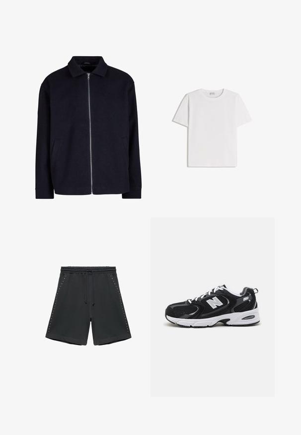 Veste noire avec un col, fermeture éclair à l'avant et poches latérales ; fabriquée en tissu texturé avec une coupe décontractée.; T-shirt en coton blanc avec un col rond et des manches courtes. Présente une coupe classique et carrée, sans motifs ni accents visibles.; Short noir à cordon de serrage avec ceinture élastique et petits clous argentés disposés verticalement le long des deux coutures latérales, posé à plat sur un fond blanc.; Baskets de sport noires et grises avec un tige en mesh et en suède, présentant une semelle intermédiaire blanche, des lacets et un logo "N" audacieux sur le côté.