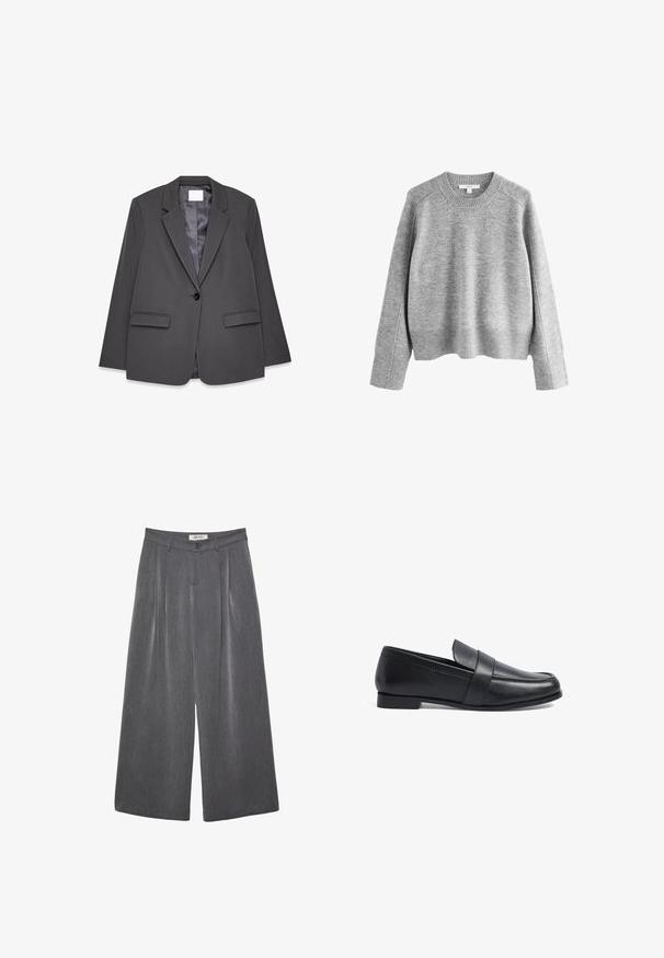 Blazer gris en tissu lisse, avec col à revers, fermeture à un bouton, deux poches avant et doublure intérieure douce.; Pull en maille grise avec un col et un ourlet côtelés, présentant des épaules dénudées et des manches longues en un matériau doux et texturé.; Pantalon gris à jambes larges avec plis, confectionné dans un tissu doux. Dispose d'une fermeture à boutons et d'une taille cintrée.; Mocassins en cuir noir avec un petit talon, dotés d'un dessus cousu et d'une sangle décorative sur le cou-de-pied. Texture lisse, design classique.