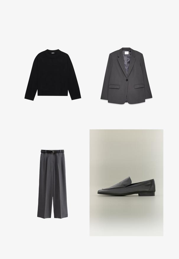 Grå blazer lavet af glat stof, med en nedskåret krave, enkelt knaplukning, to forlommer og en blød inderside.; Sort crew-neck sweater med lange ærmer, ribbede manchetter og kant, lavet af blødt materiale. Enkel, ren design uden mønstre eller aksenter.; Grå brede bukser lavet af struktureret stof, med et sort bælte med en kvadratisk spænde og frontfolder. Lomme med enkel design er inkluderet.; Sorte læder loafers med en glat overflade, spids tå og minimalistisk design. Lav stablet hæl og subtile syninger.