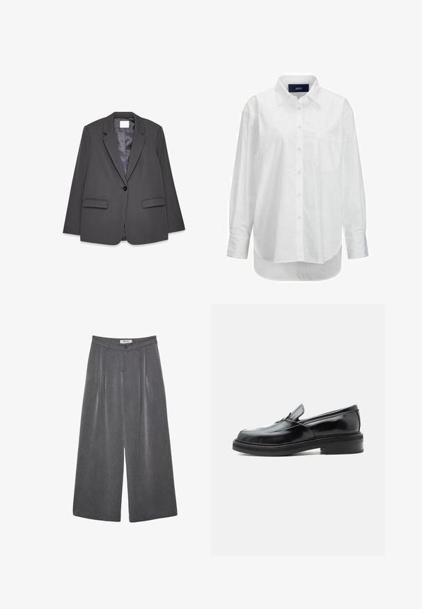 Blazer gris en tissu lisse, avec col à revers, fermeture à un bouton, deux poches avant et doublure intérieure douce.; Chemise blanche à manches longues en coton doux avec un col boutonné, une poche à l'avant et un ourlet arrondi. Présente un empiècement au dos pour plus de structure.; Pantalon gris à jambes larges avec plis, confectionné dans un tissu doux. Dispose d'une fermeture à boutons et d'une taille cintrée.; Mocassin en cuir noir à enfiler avec un petit talon et un bout carré arrondi, vu de côté sur un fond blanc uni.