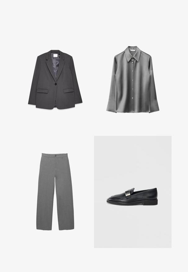 Blazer gris en tissu lisse, avec col à revers, fermeture à un bouton, deux poches avant et doublure intérieure douce.; Chemise longue en satin gris à manches longues, dotée d'un col pointu, d'une fermeture à boutons et de détails aux poignets évasés. Texture lisse avec un léger éclat.; Pantalon gris clair à jambes larges avec un tissu texturé et lisse, doté d'une fermeture à boutons à l'avant et de passants pour ceinture à la taille.; Mocassin en cuir noir avec une boucle rectangulaire en argent sur le dessus et un petit talon, sur fond blanc.