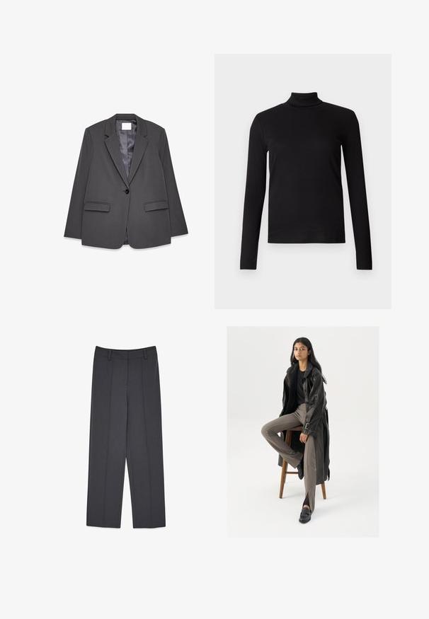 Blazer gris hecho de tejido suave, con cuello muesca, cierre de un solo botón, dos bolsillos frontales y un suave forro interior.; Camisa de cuello alto de manga larga negra, confeccionada con una tela suave, con un diseño ajustado y textura lisa. Sin patrones ni hardware visible.; Pantalones grises a medida con un diseño de pierna recta, que cuentan con pliegues prensados, una textura suave y presillas para cinturón. No hay bolsillos visibles.; Abrigo de trench de cuero negro con botones y detalle de cinturón, combinado con pantalones ajustados de color marrón claro y mocasines negros, sentado en un taburete de madera.